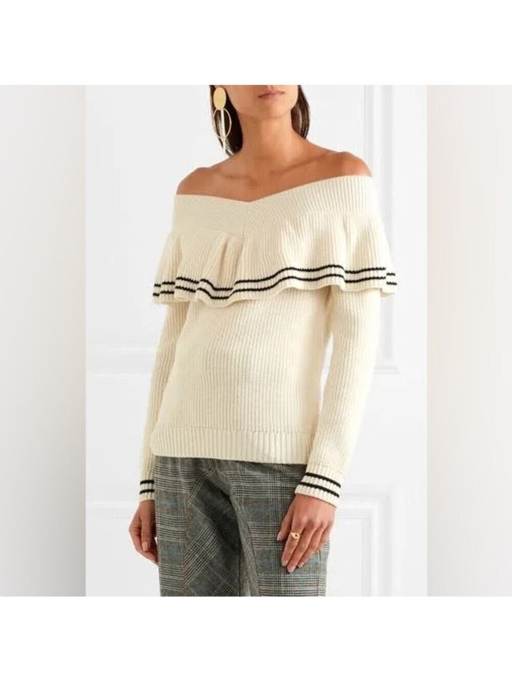 Women's Self-Portrait Off-Shoulder Ruffle Knit Sweater Cream Black Size M